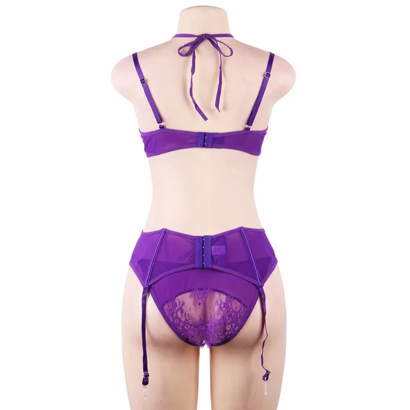 Queen Eyelash Lace & Sheer Bra Garterbelt Set