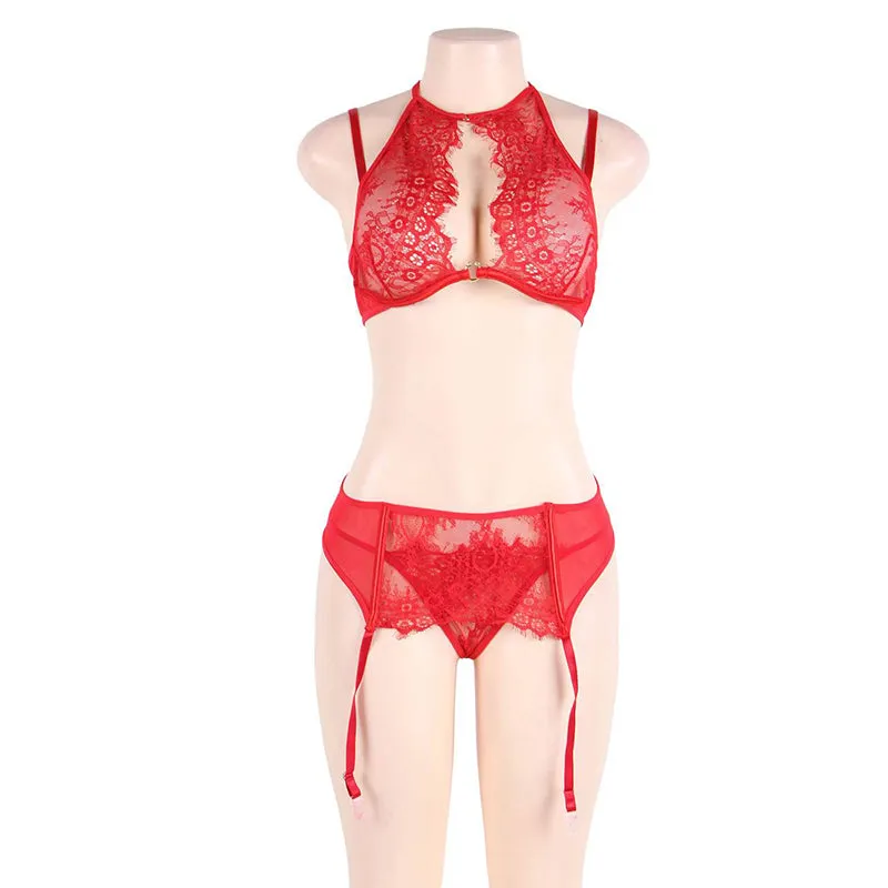 Queen Eyelash Lace & Sheer Bra Garterbelt Set