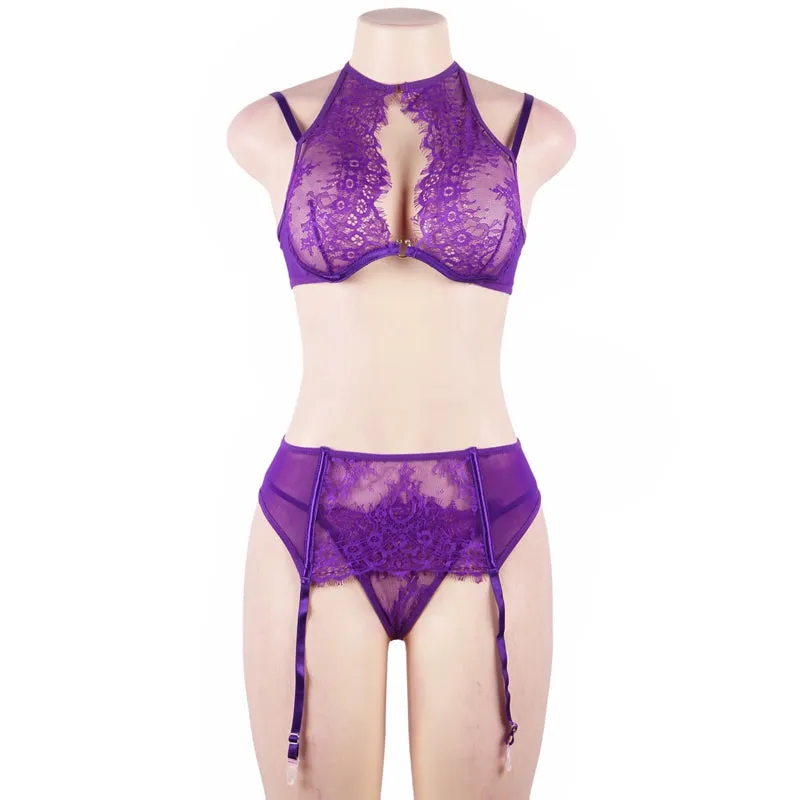 Queen Eyelash Lace & Sheer Bra Garterbelt Set