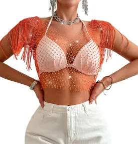 RARITYUS Women Sparkle Rhinestone Mesh Crop Top Sexy Fringe Shoulder T Shirt Hollow Out Crystal Tank Tops Party Clubwear