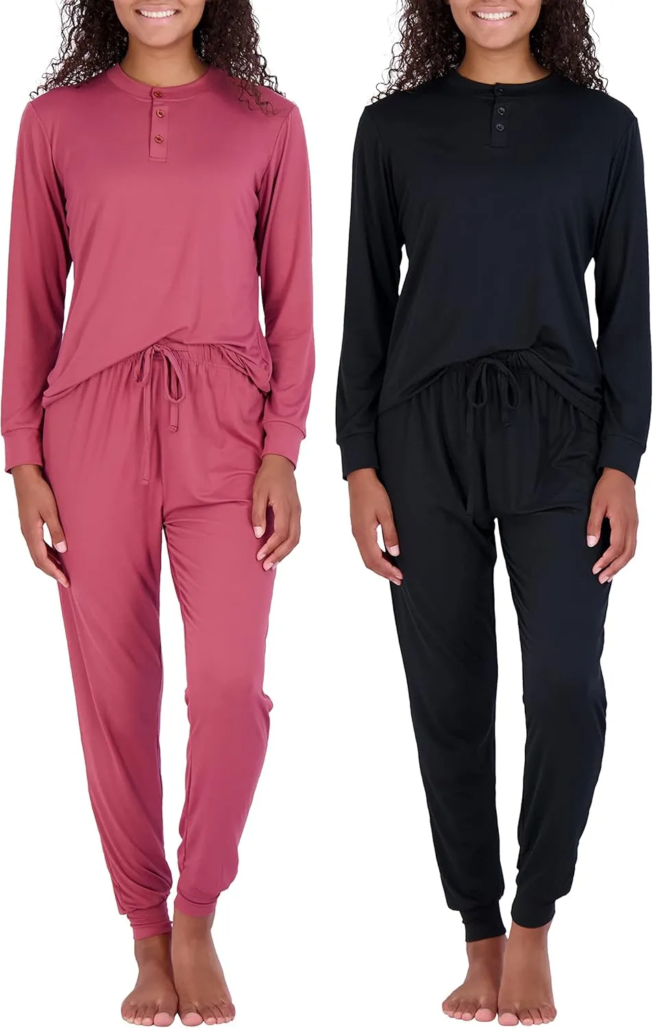 Real Essentials 2 Pack: Women's Soft Long Sleeve Sleep Set - Comfortable Lounge Pull Over Hoodie and Henley Jogger
