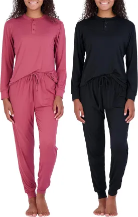 Real Essentials 2 Pack: Women's Soft Long Sleeve Sleep Set - Comfortable Lounge Pull Over Hoodie and Henley Jogger