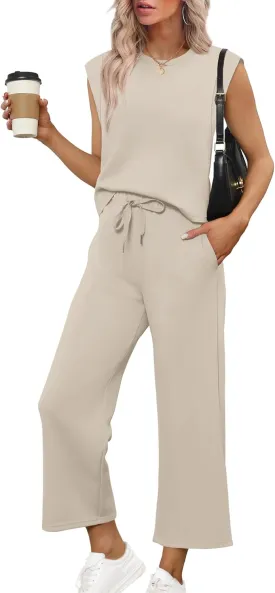 SAMPEEL Two Piece Sets for Women Casual Travel Vacation Outfits Summer Wide Leg Crop Pants Lounge Sets