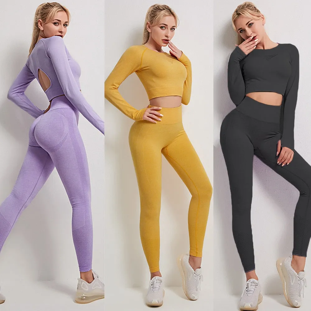 Seamless Women Yoga Set High Waist Yoga Pants Gym Clothing Women Sportswear Fitness Long Sleeve Shirt Workout Sports Suits 2pcs