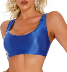 SEAUR Women's Shiny Oil Glossy Bra Seamless Smooth Racerback Crop Tank Top Sexy Shimmery Bra for Party Club Workout
