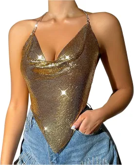 Sexy Metallic Body Chain Top for Women Sparkly Draped V Neck Backless Party Club Night Outfits Rave Outfit Trendy