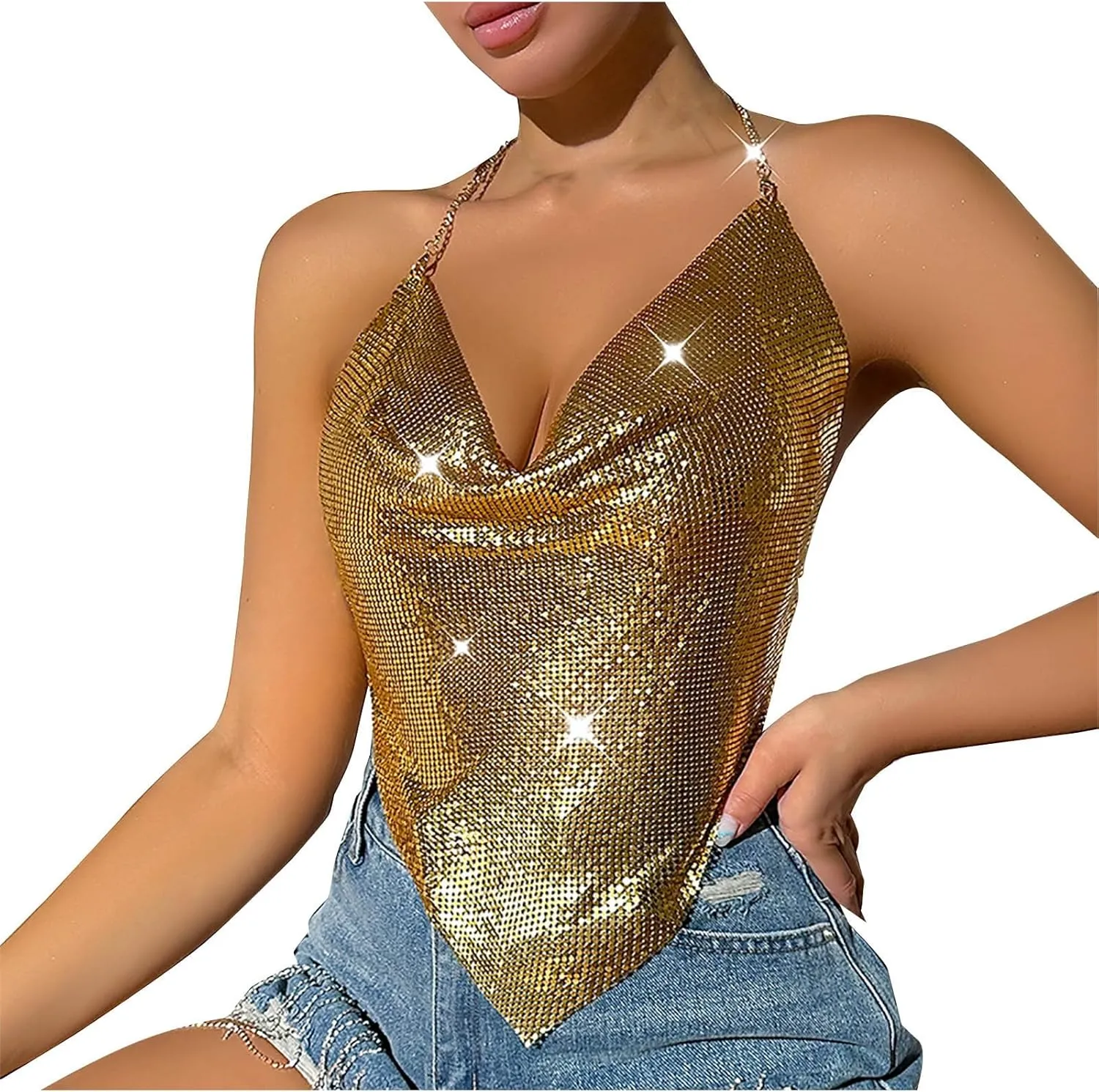 Sexy Metallic Body Chain Top for Women Sparkly Draped V Neck Backless Party Club Night Outfits Rave Outfit Trendy