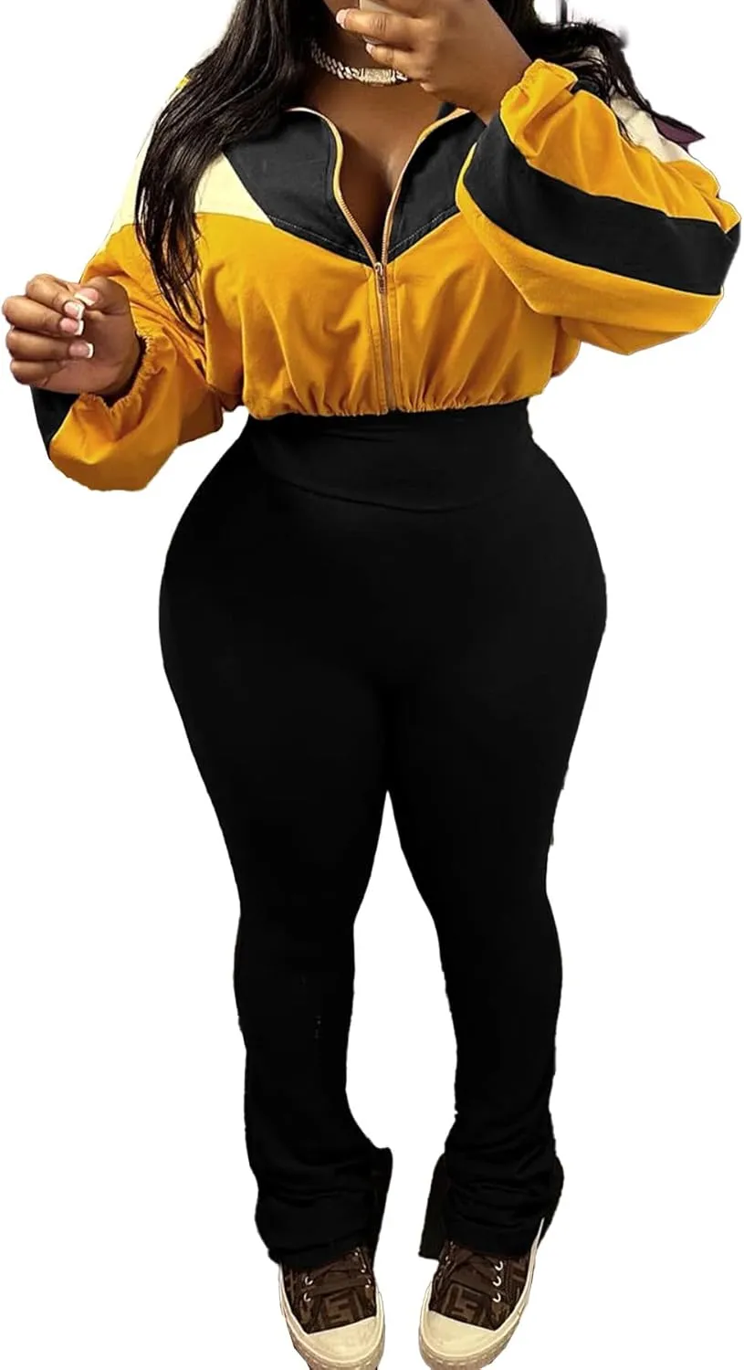 SHINFY Womens Sweatsuits 2 Piece Set Long Sleeve Color Block Cropped Jacket Leggings Pants Jogger Tracksuits Sets