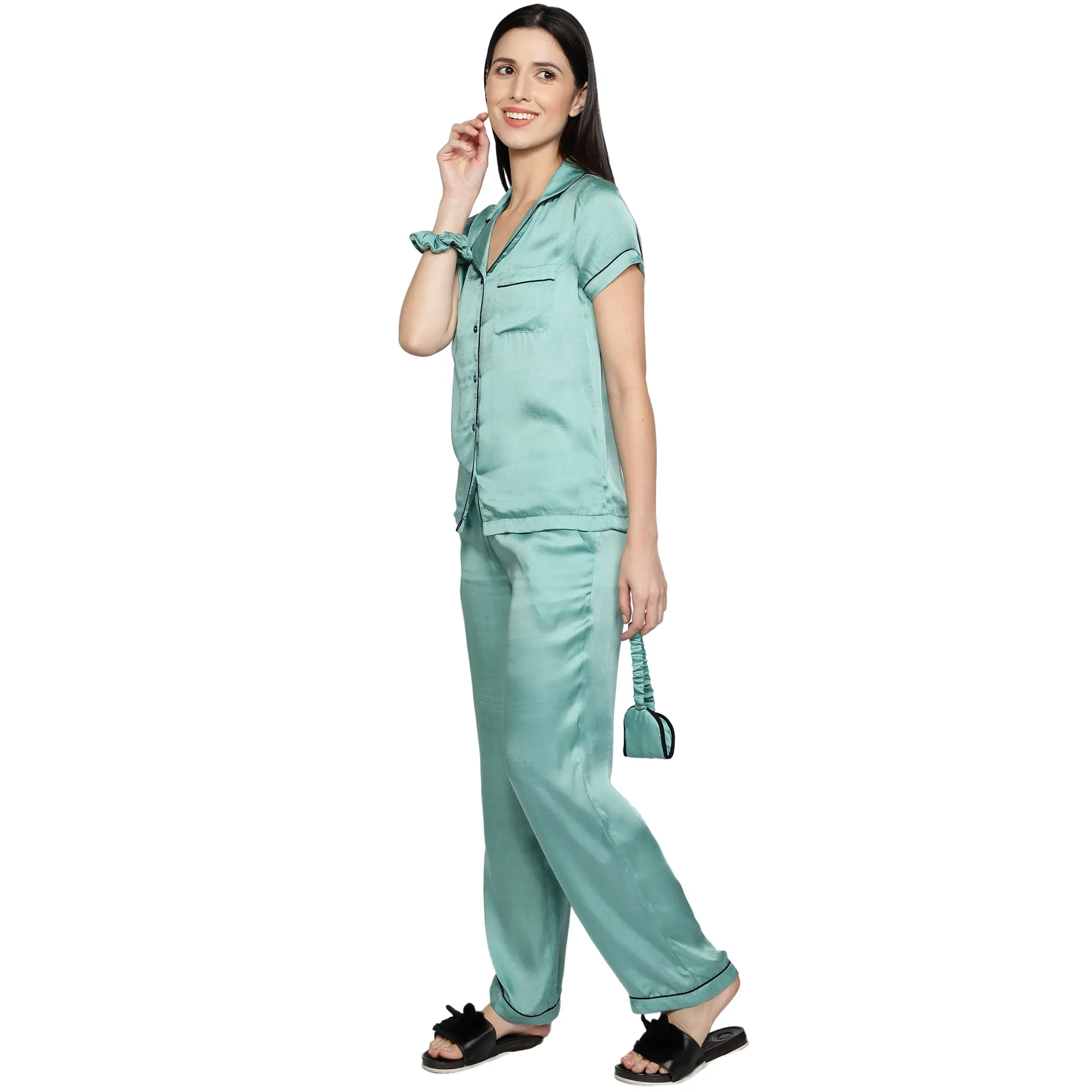 SLAY. Women's Nightwear Mint color Half Sleeve Button Up Shirt & Pyjama Co-ord Set with matching Eye mask & Ruffle