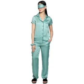 SLAY. Women's Nightwear Mint color Half Sleeve Button Up Shirt & Pyjama Co-ord Set with matching Eye mask & Ruffle