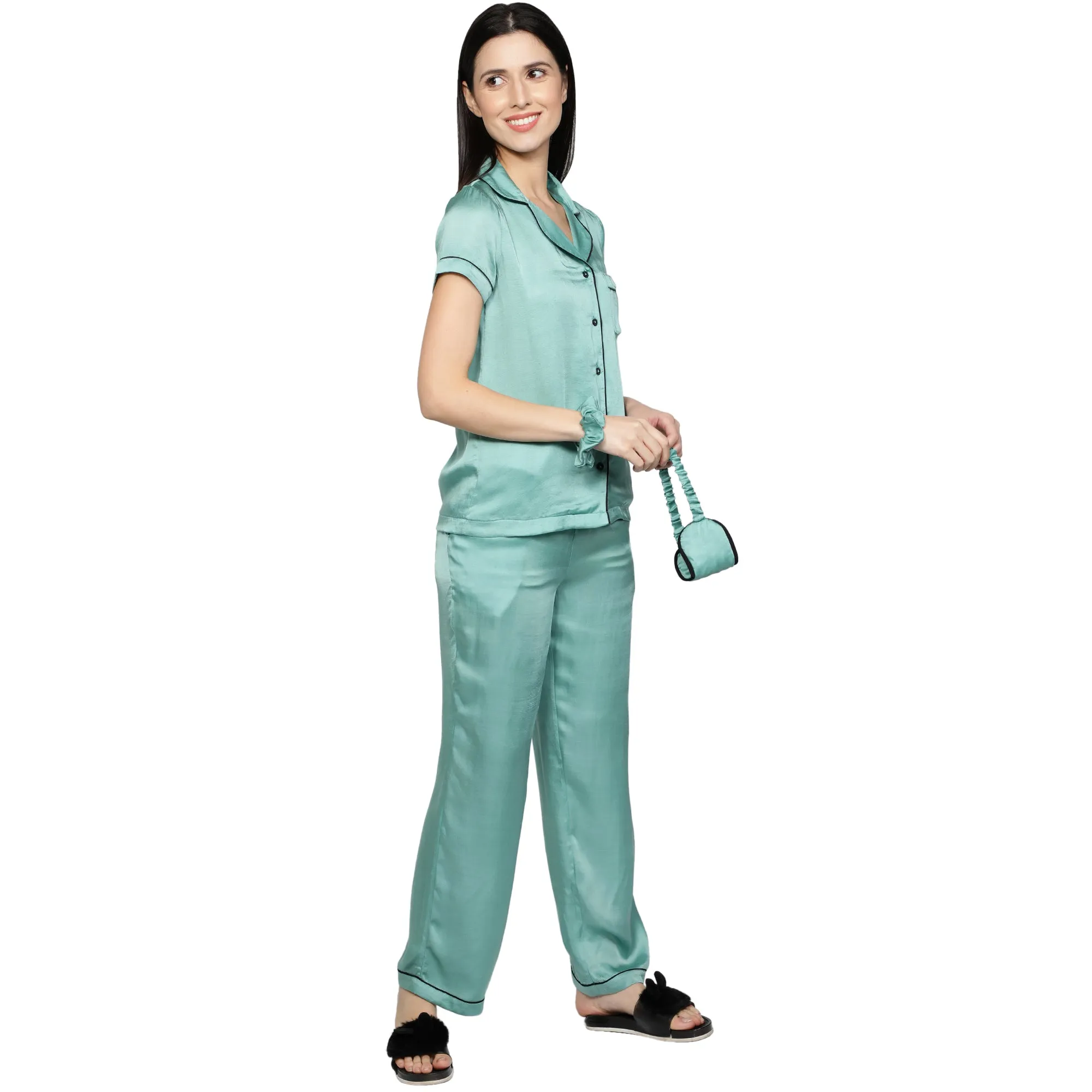 SLAY. Women's Nightwear Mint color Half Sleeve Button Up Shirt & Pyjama Co-ord Set with matching Eye mask & Ruffle