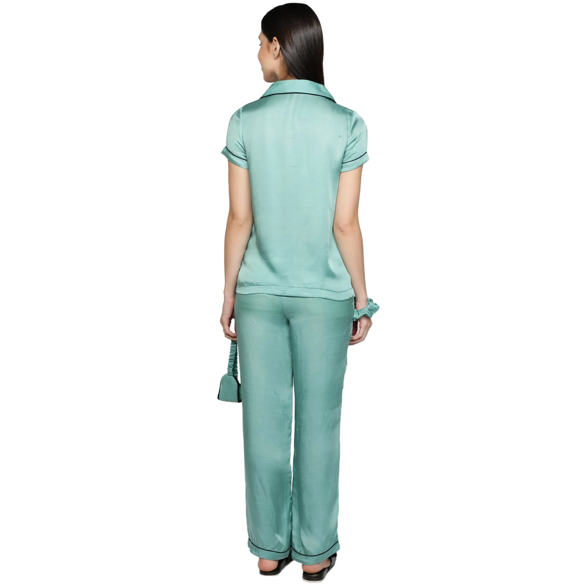 SLAY. Women's Nightwear Mint color Half Sleeve Button Up Shirt & Pyjama Co-ord Set with matching Eye mask & Ruffle