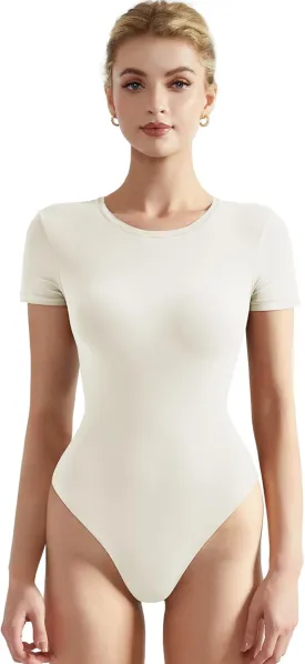 SUUKSESS Women Crew Neck Short Sleeve Thong Bodysuit Shirts Basic Top