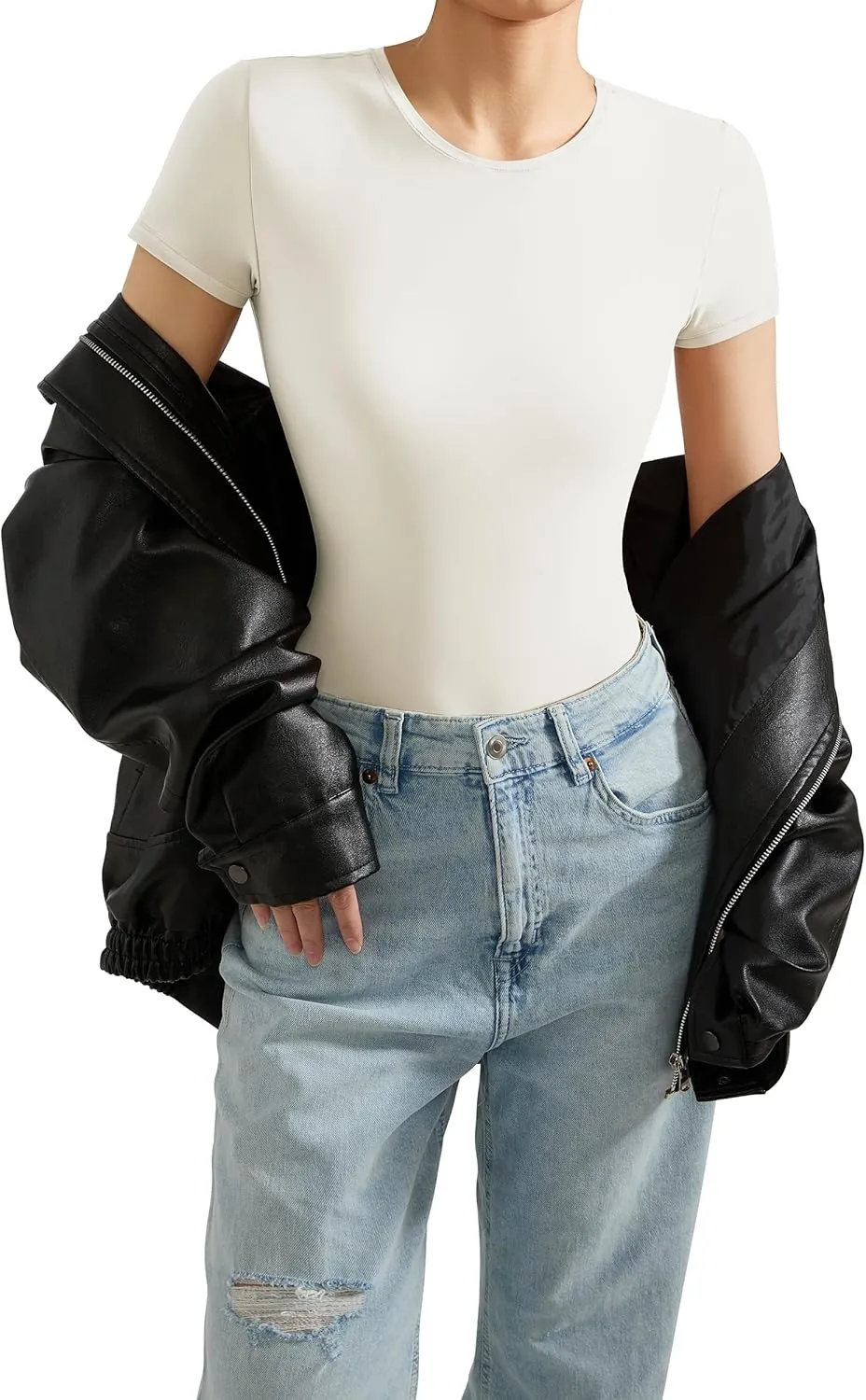 SUUKSESS Women Crew Neck Short Sleeve Thong Bodysuit Shirts Basic Top