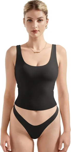 SUUKSESS Women Scoop Neck Tank Top Summer Sleeveless Going Out Double Lined Basic Tops