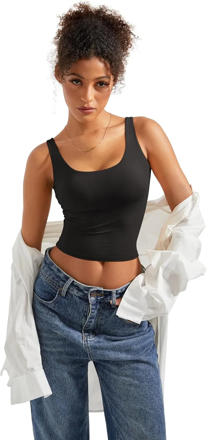SUUKSESS Women Scoop Neck Tank Top Summer Sleeveless Going Out Double Lined Basic Tops