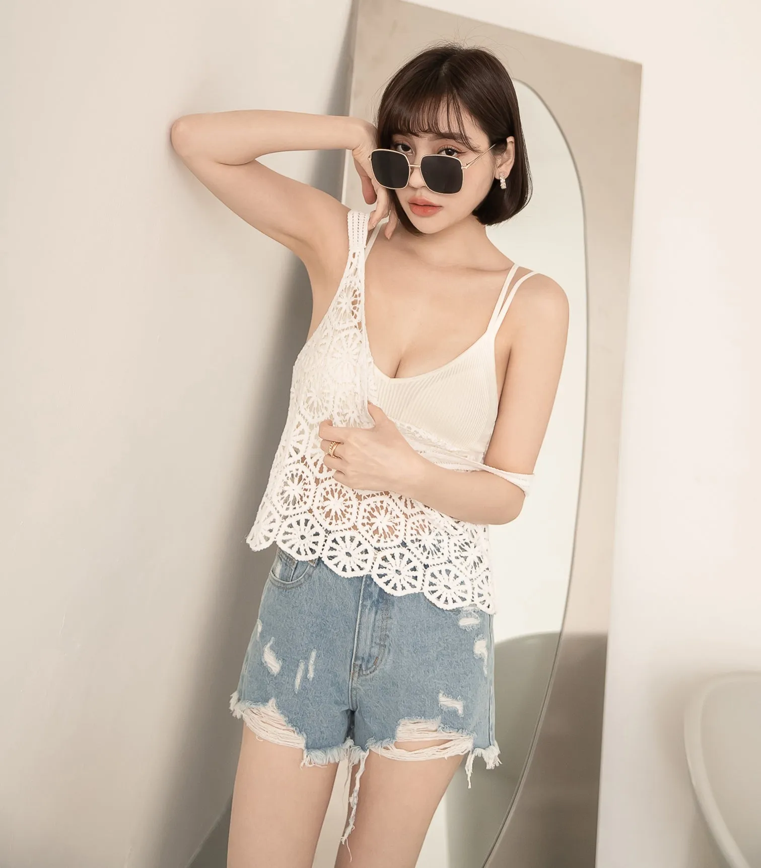 V-Neck Threaded Double Strap Triangular Cup Camisole Beige