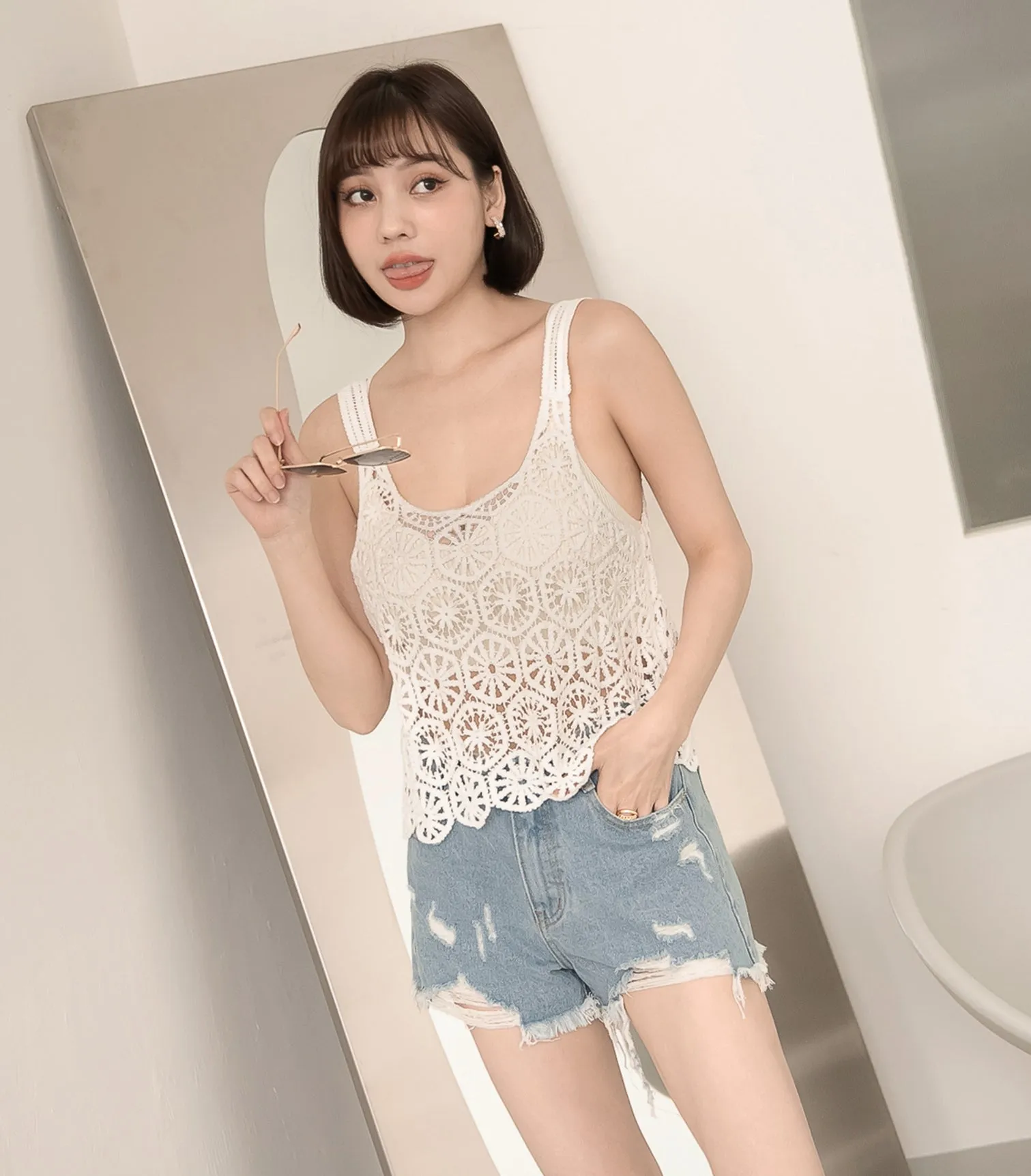 V-Neck Threaded Double Strap Triangular Cup Camisole Beige