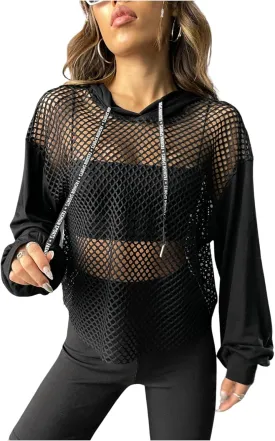 Verdusa Women's Sexy See Through Fishnet Long Sleeve Drawstring Hoodie Top Sweatshirt