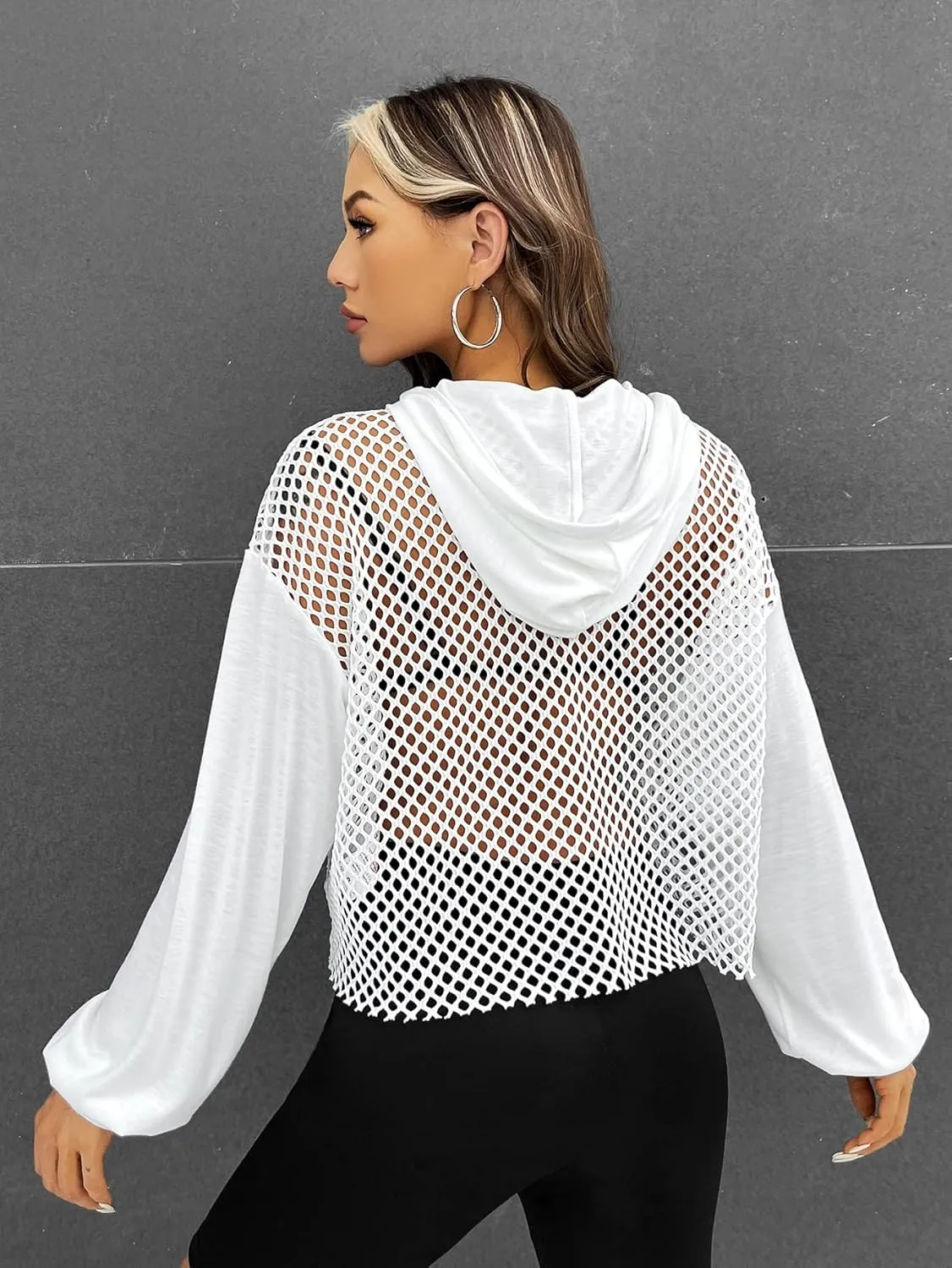 Verdusa Women's Sexy See Through Fishnet Long Sleeve Drawstring Hoodie Top Sweatshirt
