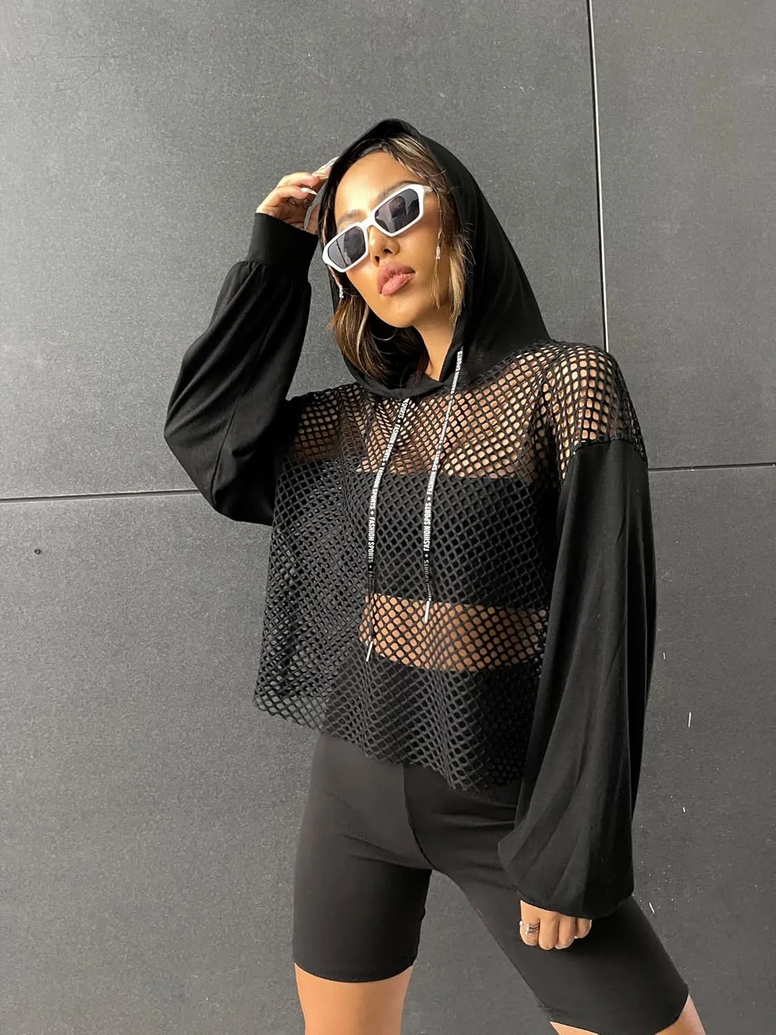 Verdusa Women's Sexy See Through Fishnet Long Sleeve Drawstring Hoodie Top Sweatshirt