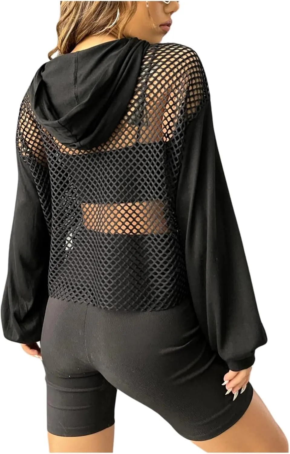 Verdusa Women's Sexy See Through Fishnet Long Sleeve Drawstring Hoodie Top Sweatshirt