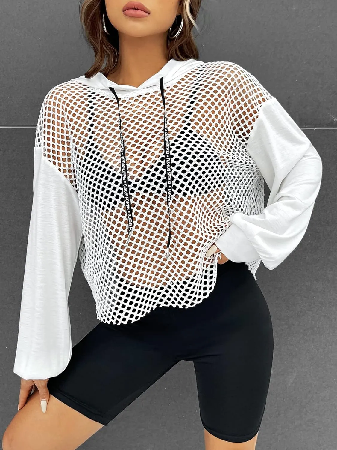 Verdusa Women's Sexy See Through Fishnet Long Sleeve Drawstring Hoodie Top Sweatshirt