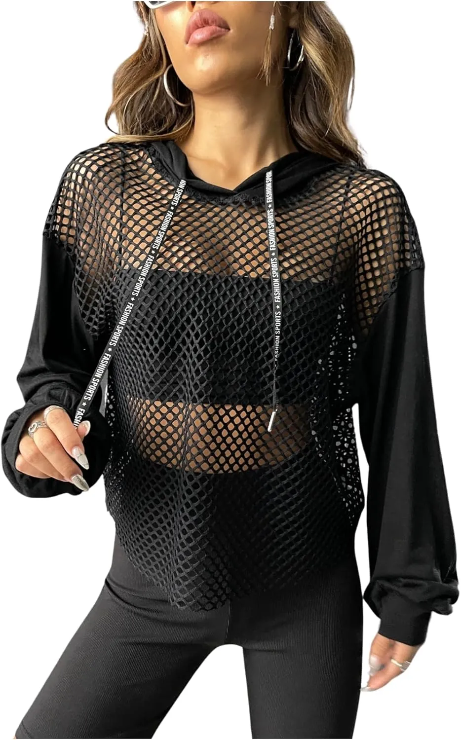 Verdusa Women's Sexy See Through Fishnet Long Sleeve Drawstring Hoodie Top Sweatshirt