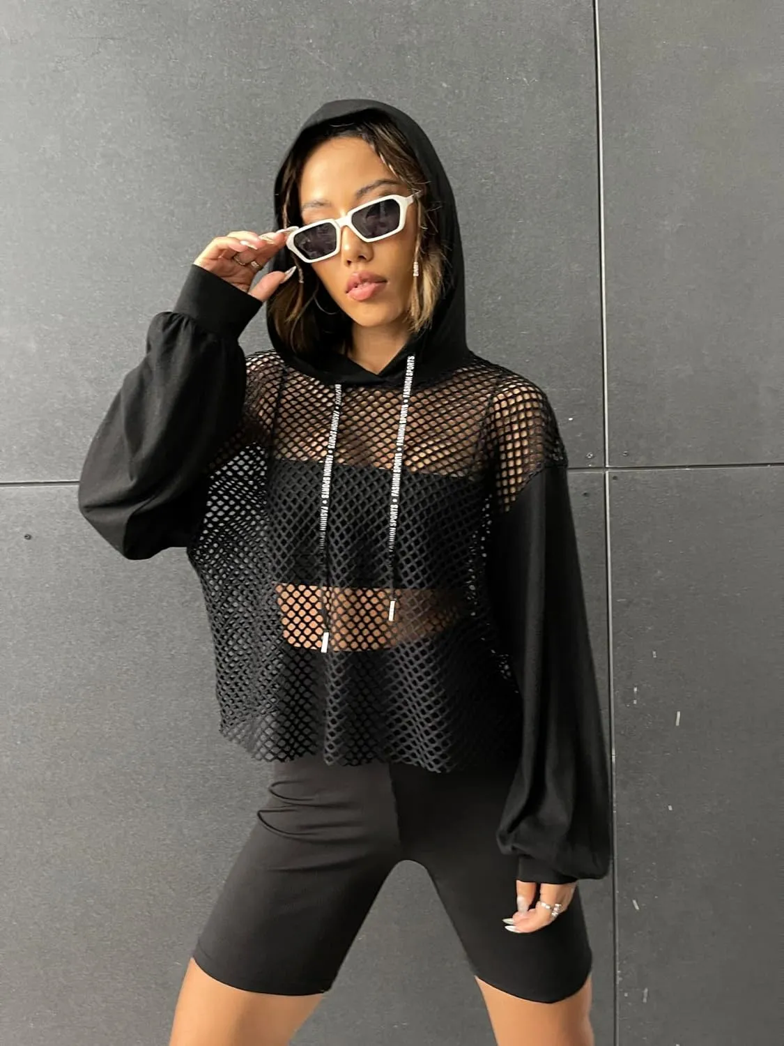 Verdusa Women's Sexy See Through Fishnet Long Sleeve Drawstring Hoodie Top Sweatshirt