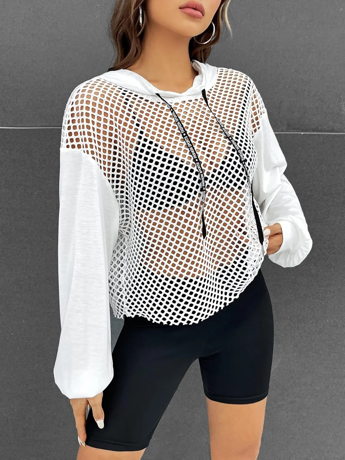 Verdusa Women's Sexy See Through Fishnet Long Sleeve Drawstring Hoodie Top Sweatshirt