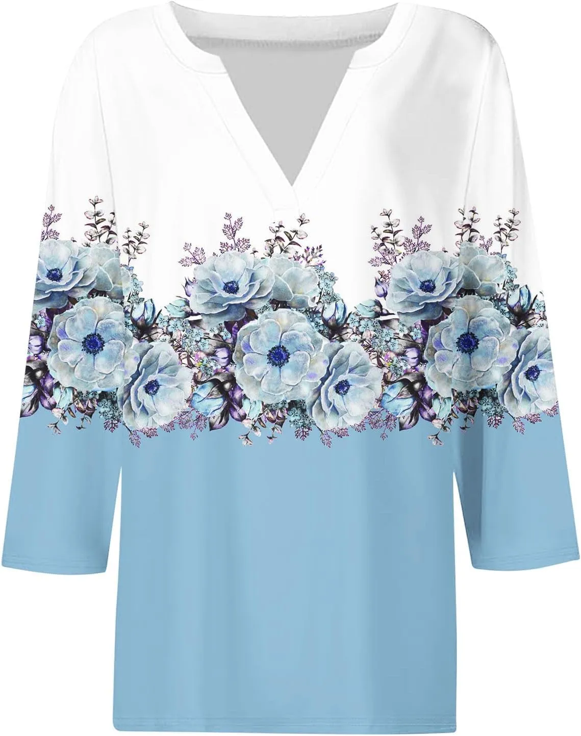 Women 3/4 Sleeve Floral Tops Dressy Casual Summer Blouses T Shirts V Neck Trendy Blouse Tunic Loose Fit Boho Clothing