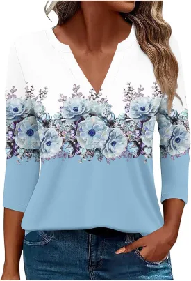 Women 3/4 Sleeve Floral Tops Dressy Casual Summer Blouses T Shirts V Neck Trendy Blouse Tunic Loose Fit Boho Clothing