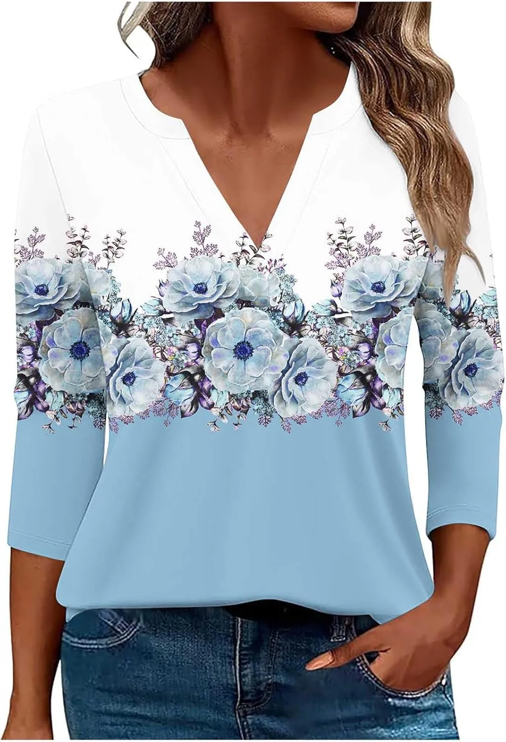 Women 3/4 Sleeve Floral Tops Dressy Casual Summer Blouses T Shirts V Neck Trendy Blouse Tunic Loose Fit Boho Clothing
