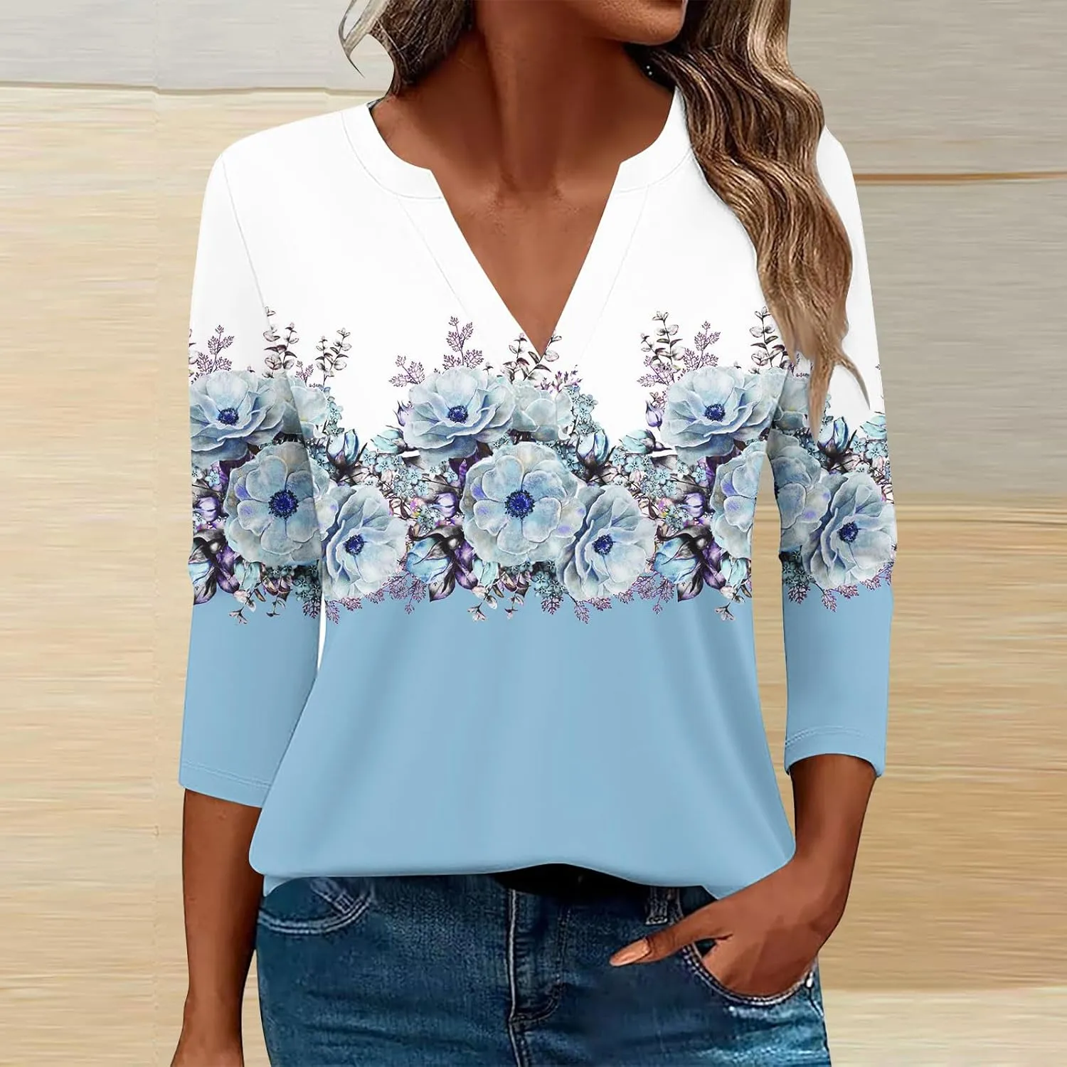 Women 3/4 Sleeve Floral Tops Dressy Casual Summer Blouses T Shirts V Neck Trendy Blouse Tunic Loose Fit Boho Clothing