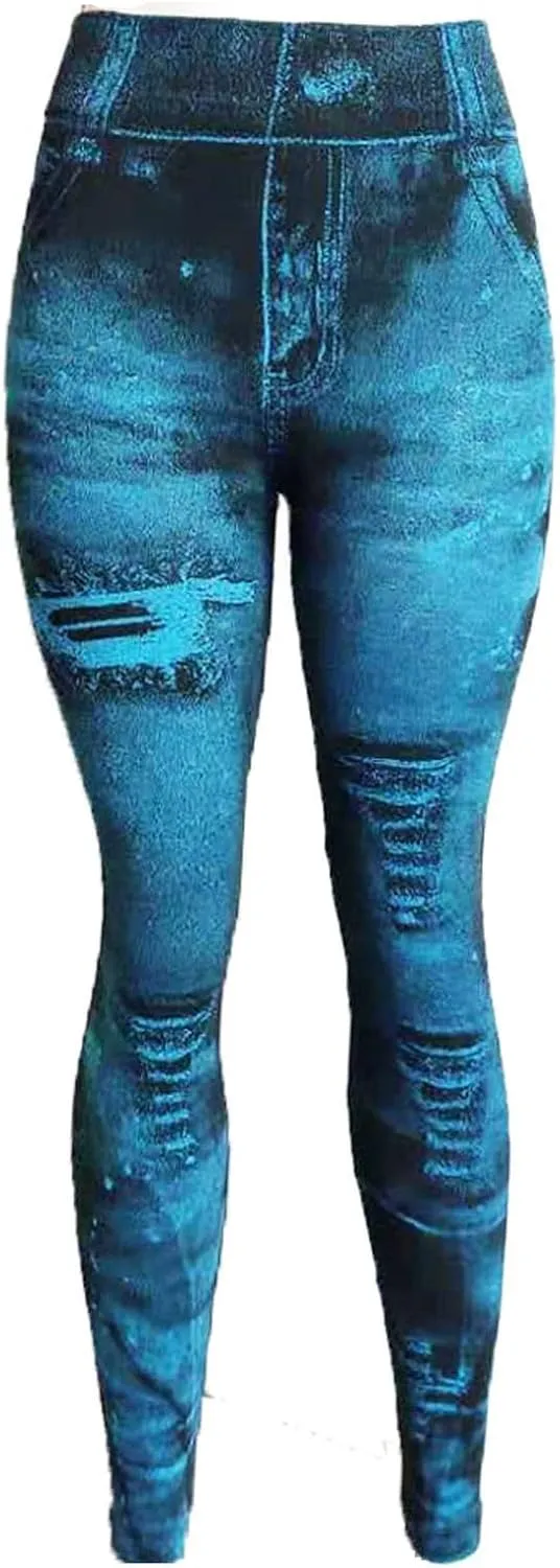Women Denim Print Leggings Fake Jeans Seamless Full Length Tights High Waist Jeggings Workout Sport Yoga Pants