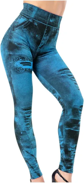 Women Denim Print Leggings Fake Jeans Seamless Full Length Tights High Waist Jeggings Workout Sport Yoga Pants