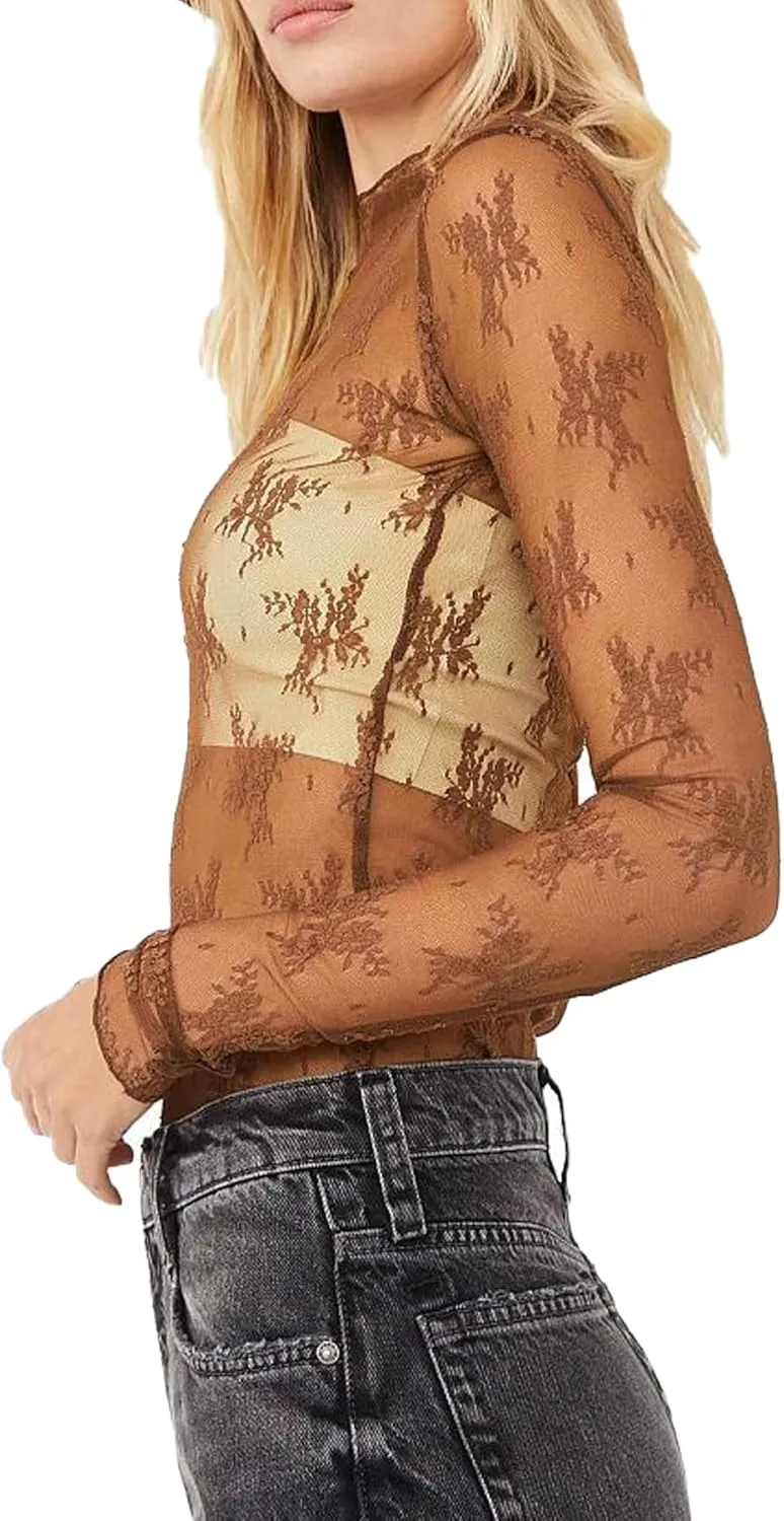 Women Sexy Lace Layering Tops Sheer Mesh Shirts Long Sleeve See Through Crop Top