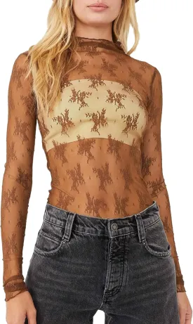 Women Sexy Lace Layering Tops Sheer Mesh Shirts Long Sleeve See Through Crop Top
