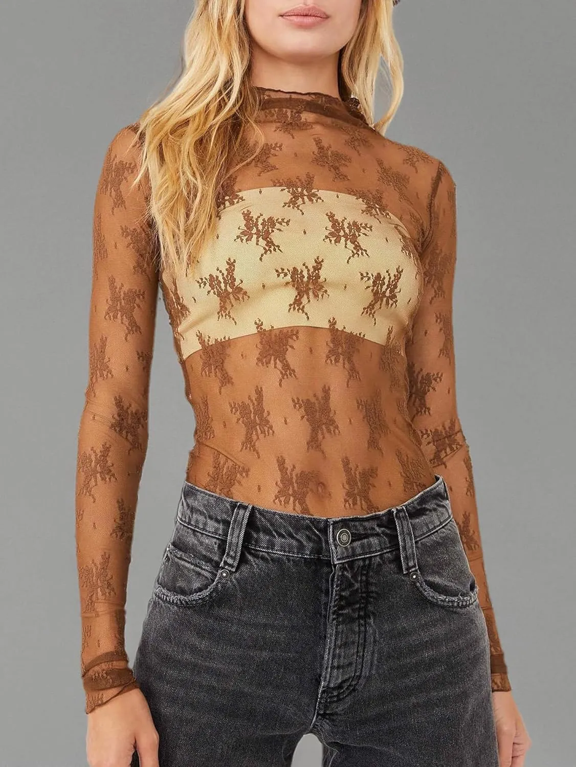 Women Sexy Lace Layering Tops Sheer Mesh Shirts Long Sleeve See Through Crop Top