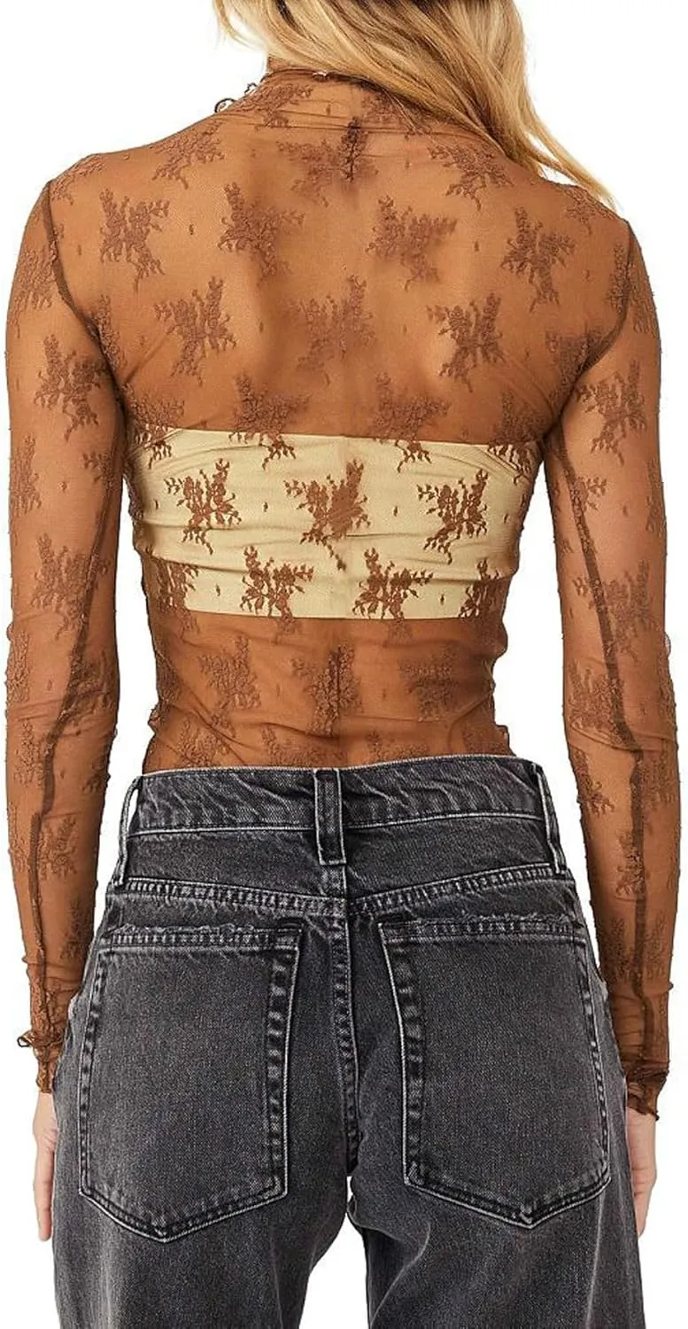 Women Sexy Lace Layering Tops Sheer Mesh Shirts Long Sleeve See Through Crop Top