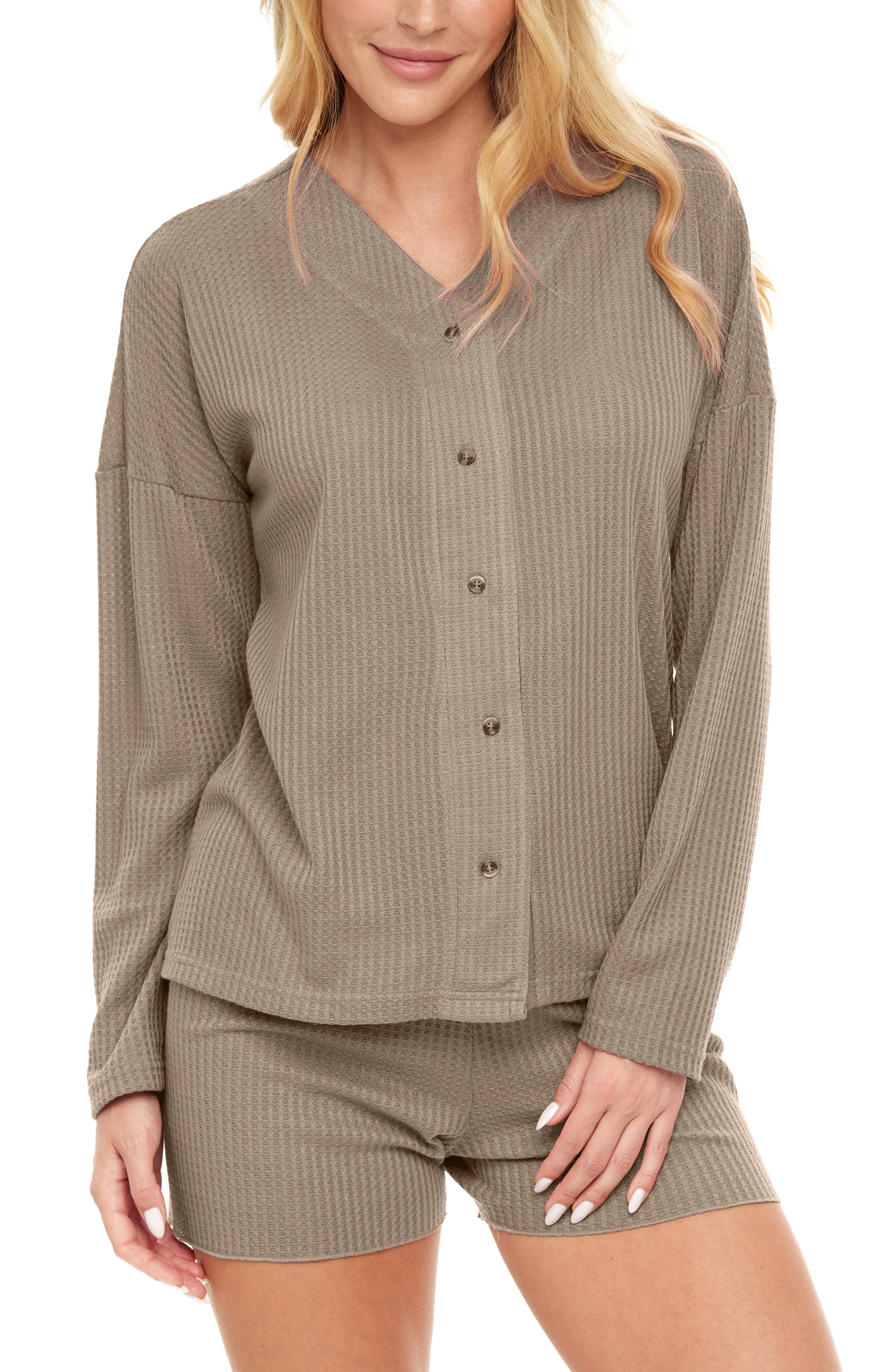 Women's Knit Pajamas Set, Long Sleeve Button Up Top and Pajama Shorts