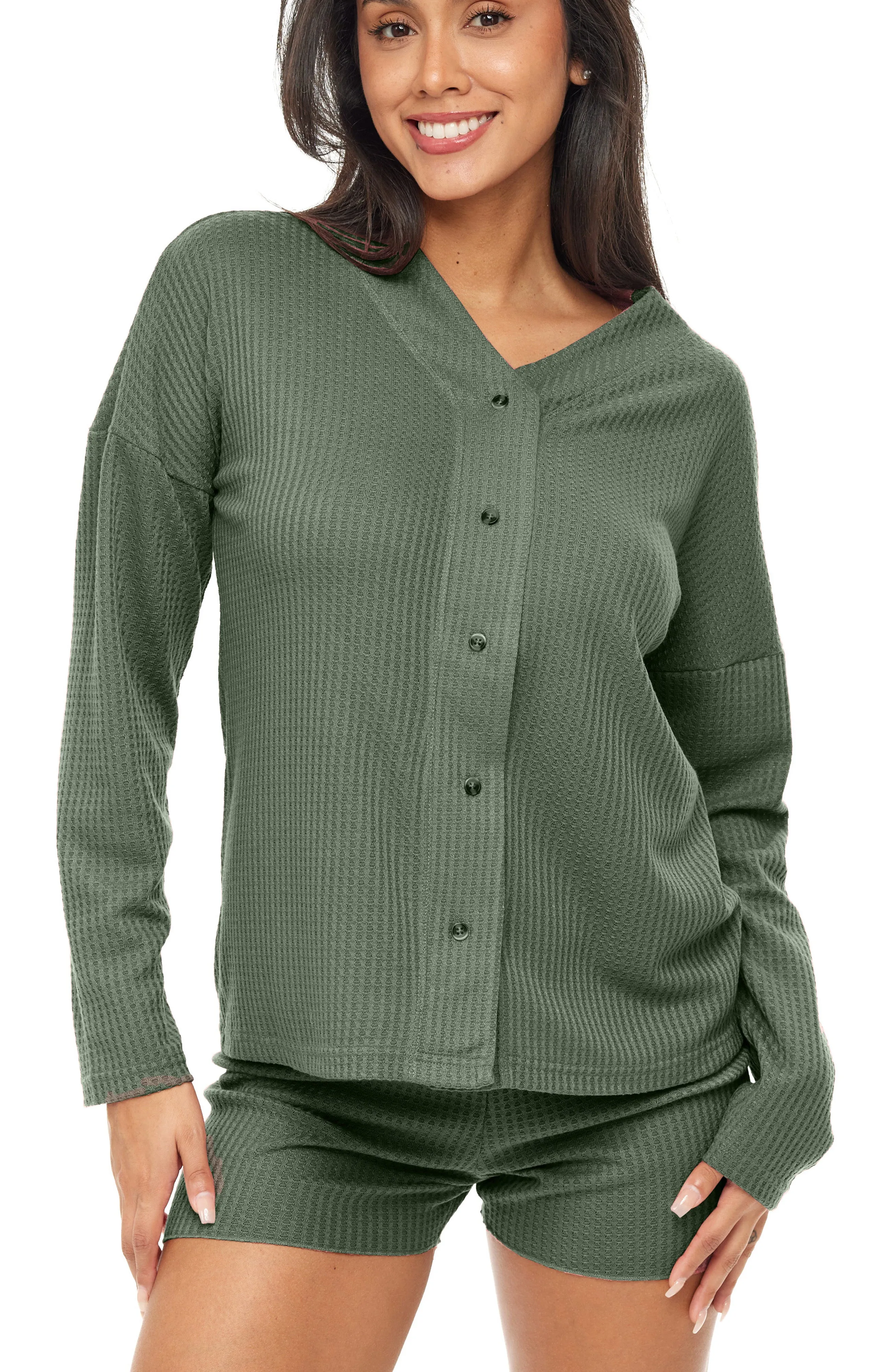 Women's Knit Pajamas Set, Long Sleeve Button Up Top and Pajama Shorts