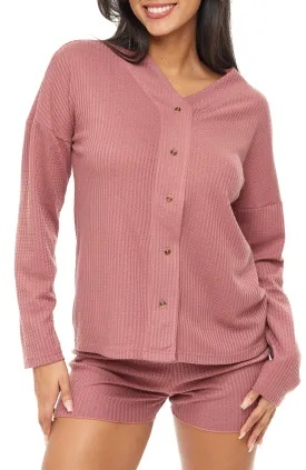Women's Knit Pajamas Set, Long Sleeve Button Up Top and Pajama Shorts