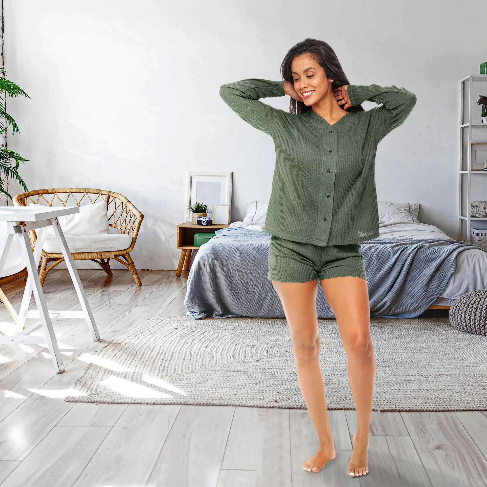 Women's Knit Pajamas Set, Long Sleeve Button Up Top and Pajama Shorts