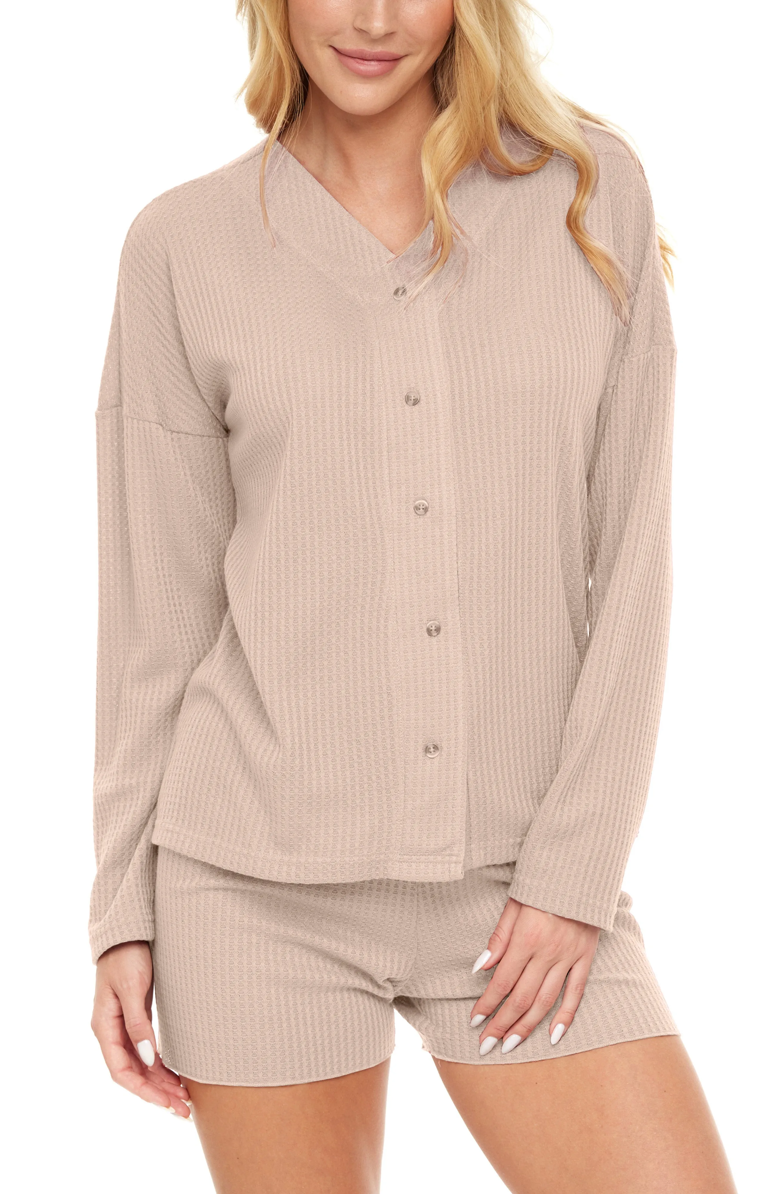 Women's Knit Pajamas Set, Long Sleeve Button Up Top and Pajama Shorts