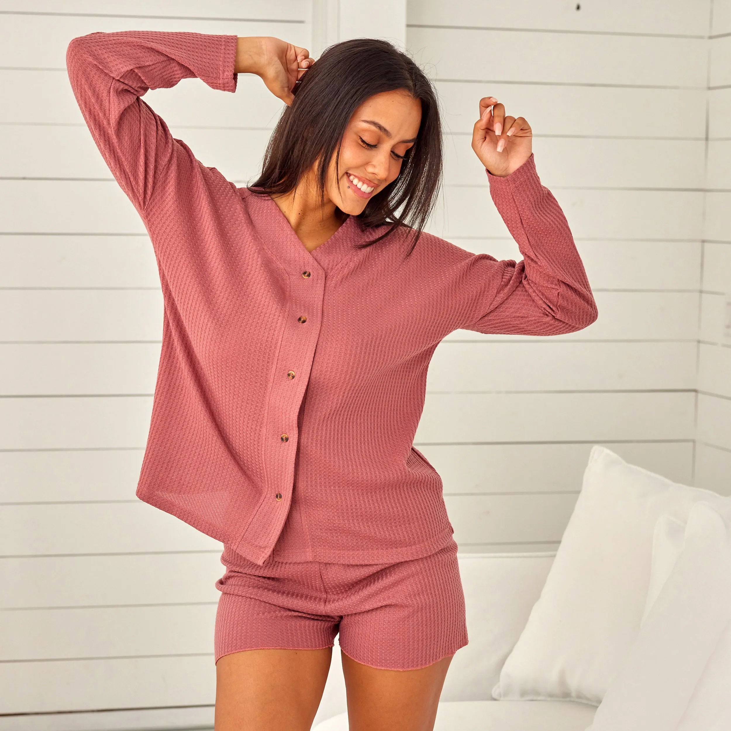 Women's Knit Pajamas Set, Long Sleeve Button Up Top and Pajama Shorts