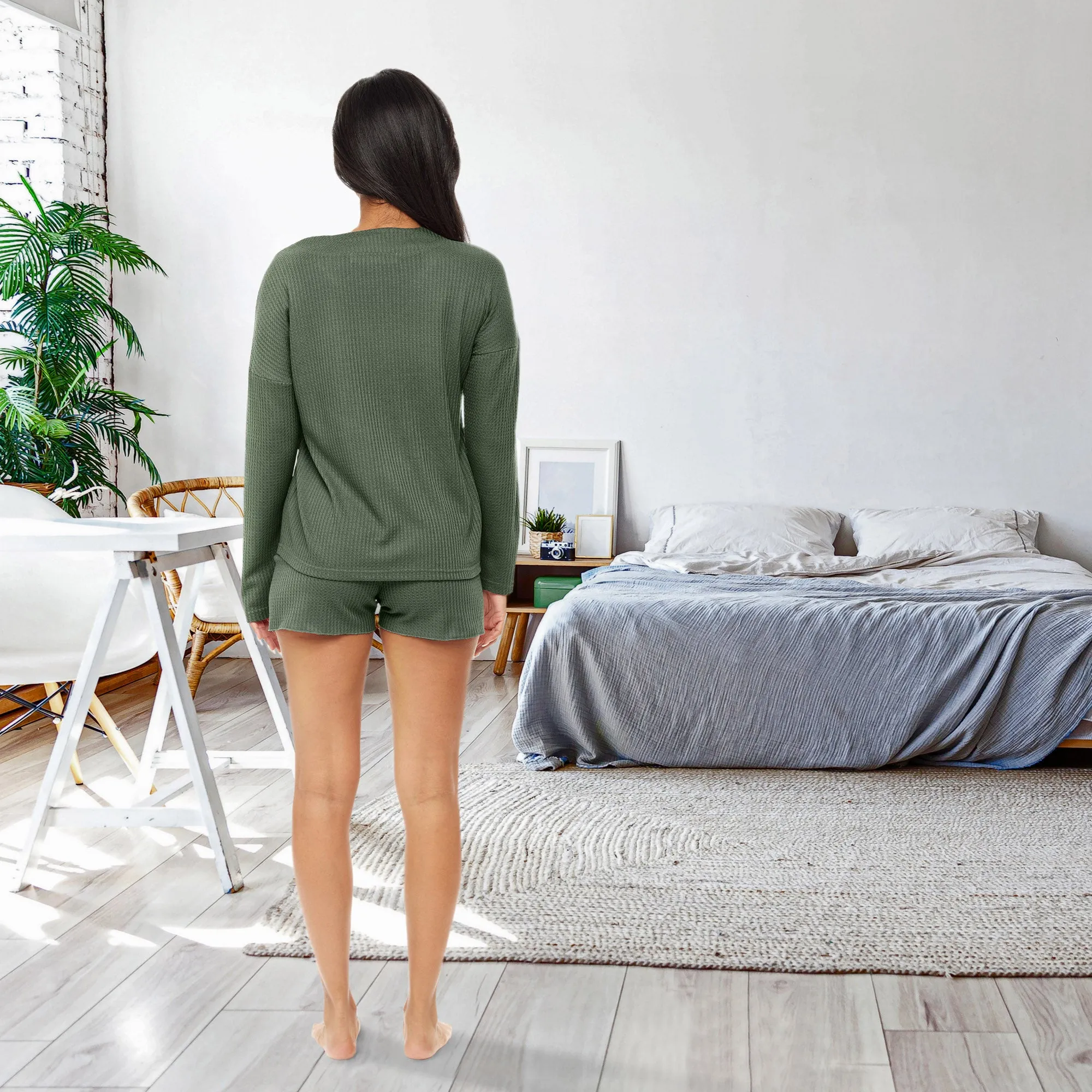 Women's Knit Pajamas Set, Long Sleeve Button Up Top and Pajama Shorts