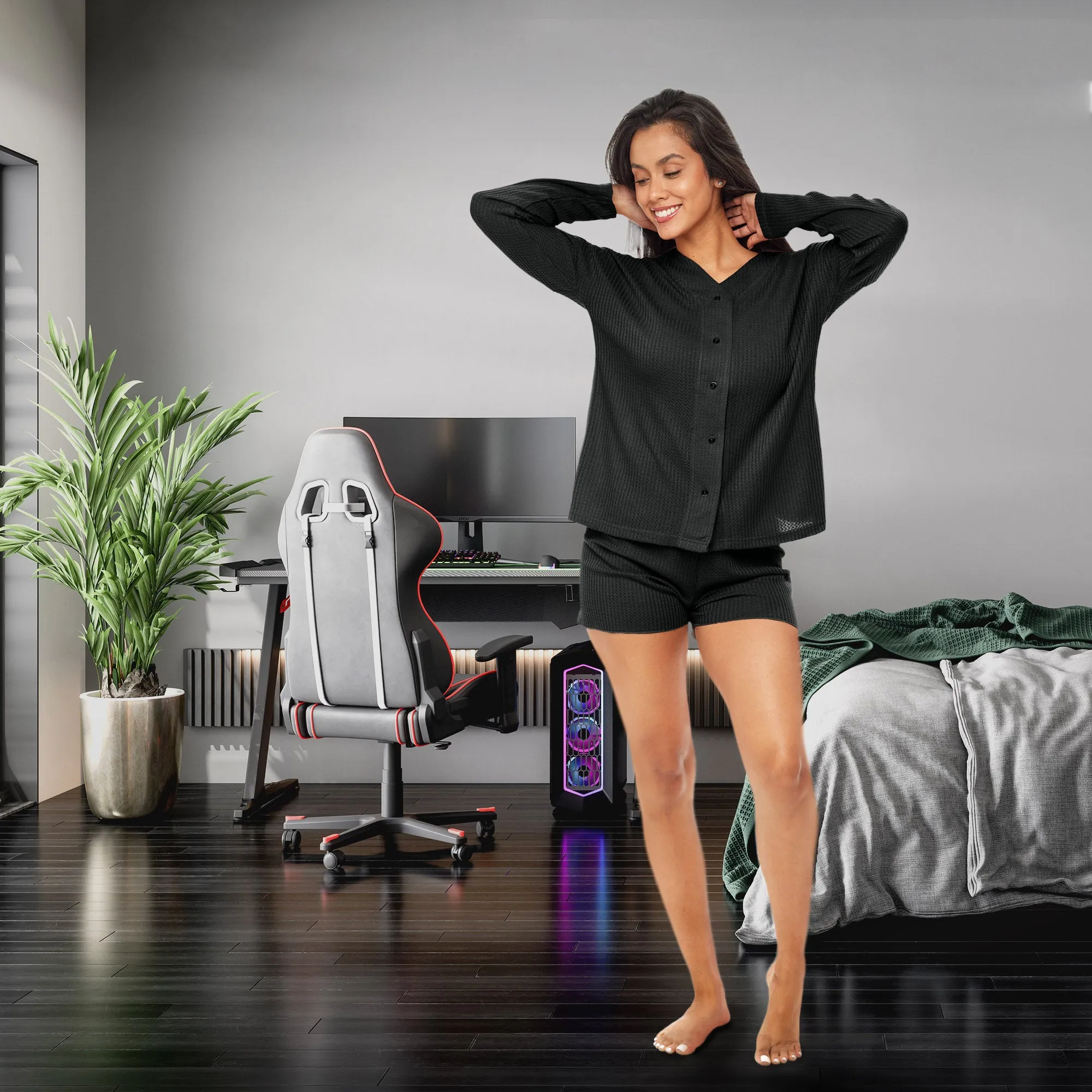 Women's Knit Pajamas Set, Long Sleeve Button Up Top and Pajama Shorts