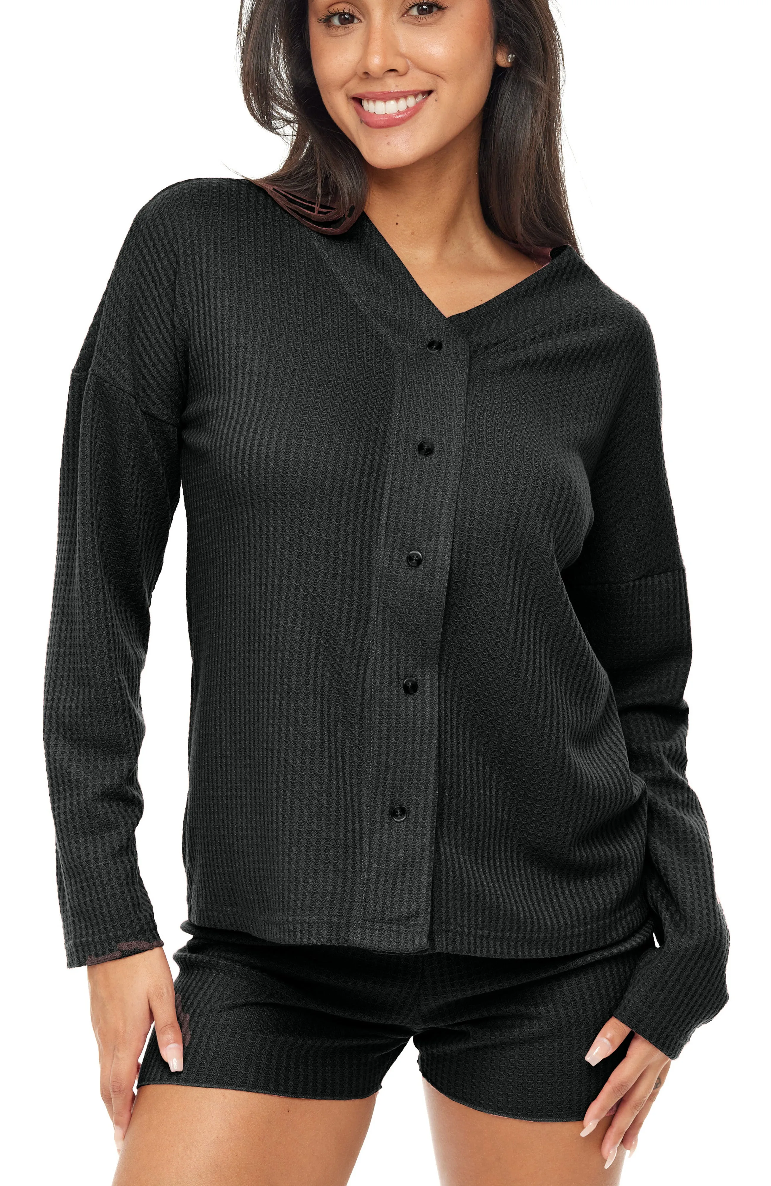 Women's Knit Pajamas Set, Long Sleeve Button Up Top and Pajama Shorts