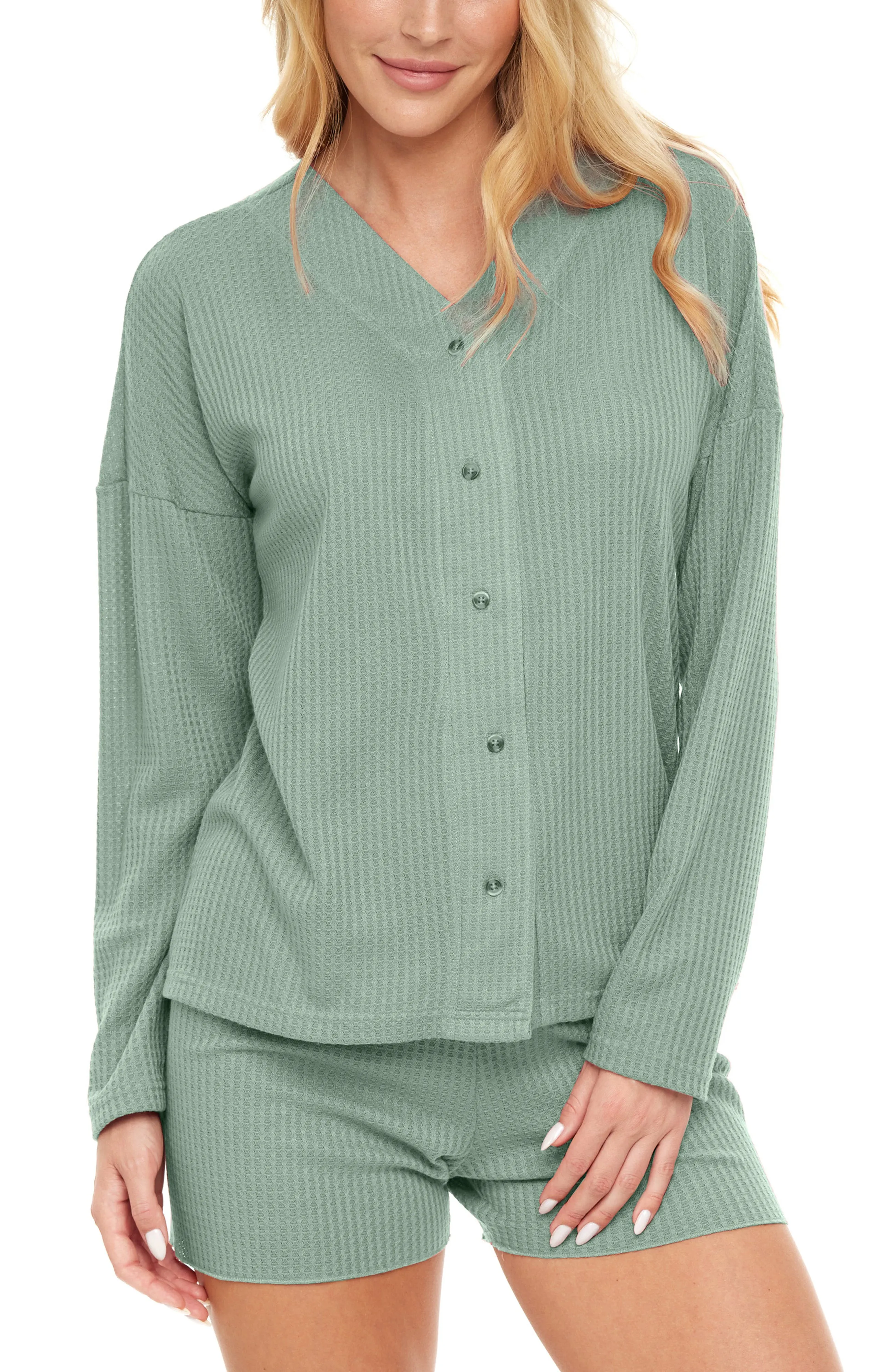 Women's Knit Pajamas Set, Long Sleeve Button Up Top and Pajama Shorts
